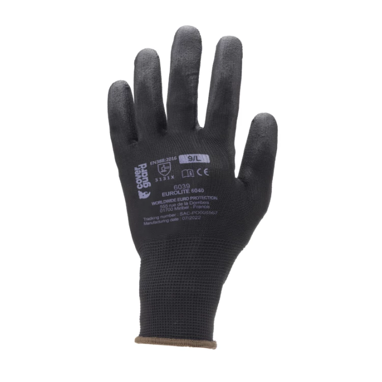 EUROLITE 6040 black polyester gloves, black PU palm S.