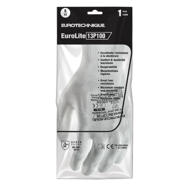 EUROLITE 13P100 white polyester gloves, white PU palm, S.