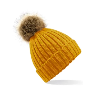 Faux\u0020Fur\u0020Pop\u0020Pom\u0020Chunky\u0020Beanie - Mustard