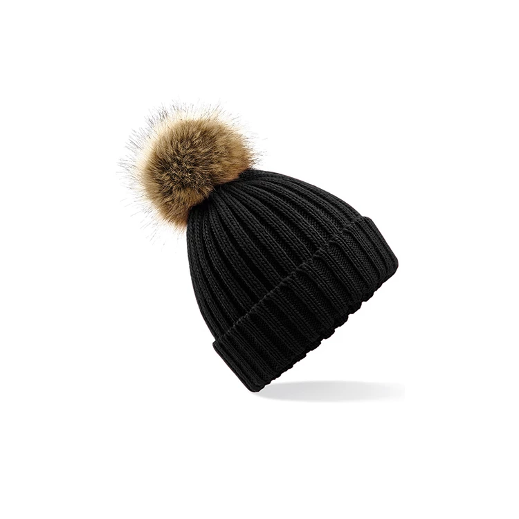 Faux Fur Pop Pom Chunky Beanie